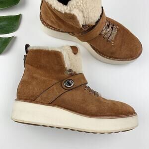 Coach Urban Hiker Boots Brown Suede Lace Up Platform Sneakers Shearling Womens 7